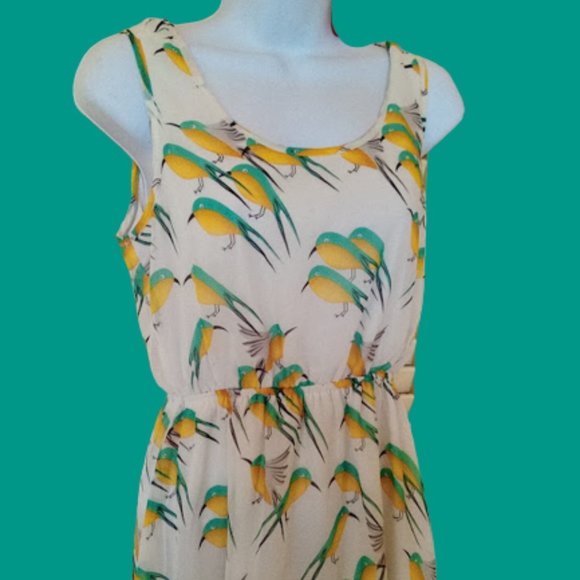 White Yellow BIRD Print Summer Sleeveless High Low Dress Size Medium - Picture 2 of 4
